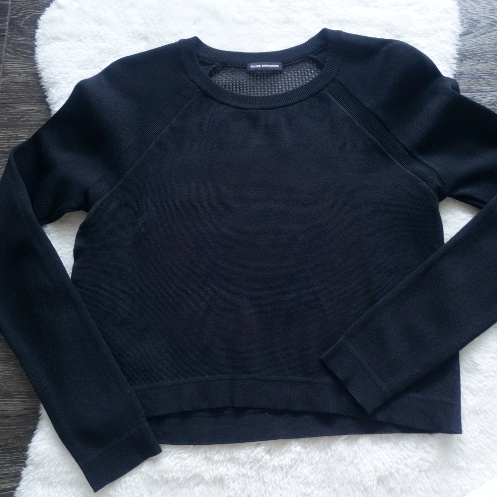 Club Monaco Raglan Sleeve Fishnet Knit Back Sweater Black (size tag gone)